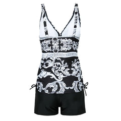 V Neck Tummy Control Two Pieces Bikinis Swimwear Women Swimsuit Low Waist Beach Bathing Suits Ribbon Tankini