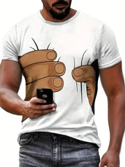 חולצת טריקו לגברים לבנה מצחיקה עם הדפסת תלת מימד מצוירת קיץ מזדמן עם שרוולים קצרים, סוודר אופנתי, בגדי גברים חיצוניים