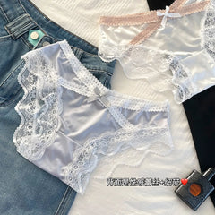 French Sexy Lace Satin Underwear for Women Low Waist Thin Mesh Hollow Out Bow Panties Sweet Girl Breathable Cotton Crotch Briefs