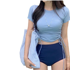 Sporty Short Sleeve Bikini Swimsuit Women's Slimming Color Block Swimwear Separate Design High Quality Ladies Swimming Costume