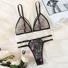 Women Lingerie Sets Underwear Embroidery Flower Lace Bra Thong Lingerie Set Thongs Mesh Translucent Ultrathin Underwear Lingerie