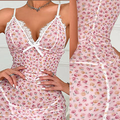 Sexy Women Elastic Lingerie V-neck Sleeveless Lace Dress Comfortable Female See-through Pajamas Nightdress Breathable Underwear