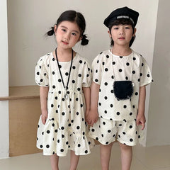 Trendy Children's Summer Clothing Boy's Casual Polka Dot T-shirt Set Girl's Sweet Dress Sibling Outfits Kid's Tee & Shorts Suit