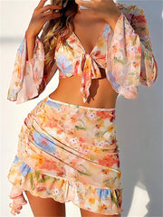 4 Piece Bikini Set Women Orange Floral Print Long Sleeve Mesh Cover Up Ruffle Skirt Swimsuit 2024 Sexy Bathing Suit Swimwear