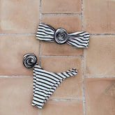 Schwarz-weiß gestreifter zweiteiliger Damen-Bikini mit Blumenmuster und Schnürung, Push-up-Effekt, Badeanzug, Strandmode, Bikini