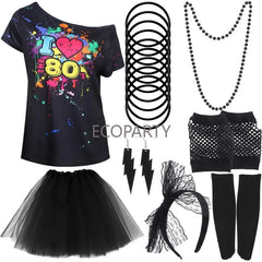 אביזרי תחפושת שנות ה-80 לנשים חצאית טוטו ניאון כפפות רשת דייגים שרשרת חרוזים צמיד עגילים סט תחפושות למסיבה של שנות ה-80 למבוגרים