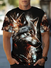 Men's Casual Crew Neck T-shirt 3D Cartoon Wolf Print Hip Hop Outdoor Street Trend Top Summer Short Sleeve T-shirt Sport