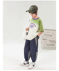 2024 New Boy Pants Korean High Street Fashion Trousers Color Block Thin Sports Pants Casual Children's Clothing Kids Sweatpants