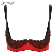 Womens Sexy Contrast Lingerie Half Cup Lace Push Up Balconette Bra Tops Adjustable Spaghetti Straps Underwire Bralette Underwear