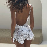 Yiiciovy Flower Crochet Swimsuit Dress Women Beach Cover Ups Slim U Neck Hollow Out Sleeveless Irregular Hem Mini Beach Dress