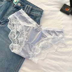 French Sexy Lace Satin Underwear for Women Low Waist Thin Mesh Hollow Out Bow Panties Sweet Girl Breathable Cotton Crotch Briefs