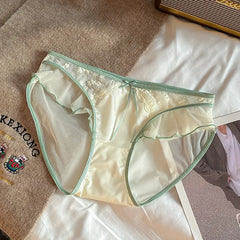 Women Ruffle Edge Sexy Lace Mesh Satin Transparent Underwear Thin Breathable High Elasticity Low Waist Seamless Panties Breifs