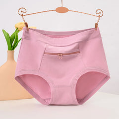 Women Underwear Anti-theft Zipper Pocket High Waist Stretch Breathable Cotton Middle-aged Mom Grandma Brief Panties Underpants