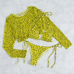 Damen-Bikini-Set mit Leopardenmuster, 3-teilig, Neuheit 2023, langärmelig, mit String-Schnitt