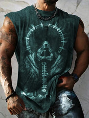 Neue Herren-Fitnessbekleidung von Four Seasons: Schlichtes, atmungsaktives, ärmelloses Unterhemd mit großem Sportprint und schnelltrocknender Farbe.