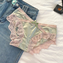 French Sexy Lace Satin Underwear for Women Low Waist Thin Mesh Hollow Out Bow Panties Sweet Girl Breathable Cotton Crotch Briefs