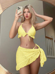Sexy Coffee Bikini 2025 Women Ruffles Push Up Bra Triangle Swimsuit Summer Bathing Suit Mesh Skirt 3 Piece Swimwear Biquini