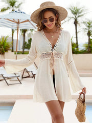 Swimsuits Beach Cover Up Long sleeve V-Neck White Pareo Beachwear Sun Protection Clothes Knitted Beachwear Lace Cover-Up Dress