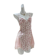 Sexy Underwear Rose Print Sleepwear Chemise Night Dress Women Nightgowns Lace Ruffle Trim Underwear Pajama Home Dressing Gown