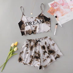Sleepwear Women Pajamas Sets Sexy Lingerie Cute Tie-dyed Print Sleeveless O-Neck Thin Tops with Shorts Set Nightwear Underwear