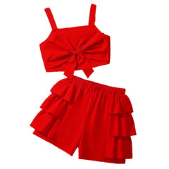 kids Clothing Sets For Girls Red Sleeveless Square Collar Ruffled Bowknot Elastic-Waist 8-12 Years Summer Fashion Sweet Style