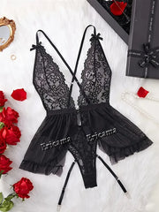 Thin Style Sexy Lingerie Set Contrast Lace Ruffle Trim Lingerie Set Deep V Slip Dress Women's Sexy Lingerie Lencería Mujeres