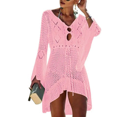 Summer Women Bikini Cover Up Hollow Out Knitted Flared Sleeves Swimwear Cover Up Solid Color Drawstring Beach Dress For Vacation