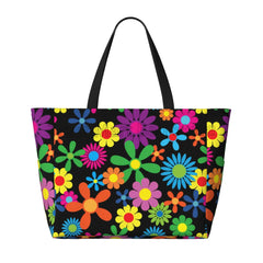 Hippie Flowers Large Beach Tote Bag Women Waterproof Sandproof Zipper Beach Tote Bags for Pool Gym Grocery Travel
