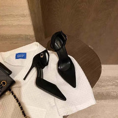 Spring and Autumn High Heel Women 2024 New Versatile Thin Heel Professional L Pointed Black Buckle Strap Single Shoe Women
