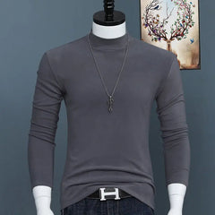 Luxury Korean Men's Oversized T-Shirt Solid Long Sleeve Base Shirt High Neck Slim Fit Tee for Autumn and Winter Plus Size Tops