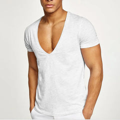 Fashion Men Basic T-Shirt Summer Gym Muscle Tops Big V-Neck Short Sleeve Bodybuilding Sport Fitness T Shirt Tees Tops Clothing