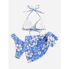 Floral Pattern Micro Bikini Swimsuit Women Sexy Lace Up Triangle Bikini Set Skirt Cover Up Summer 2025 New Beach Bikinis 3 Piece