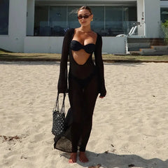 Sexy Beach Vacation Dress See Through Backless Knitted Cover Up Dress Female Two Wears Fashion Slim Knit Long Dress Lady