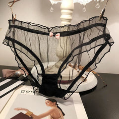 Sexy Damen-Slip, transparent, rosa, mit Schleife, Baumwollzwickel, atmungsaktiv, aus Mesh, mit Wellenkante und Lochmuster.