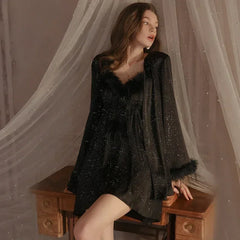 Sexy Women's Pajamas Underwear with Breast Cushion Halter Nightdress Robe Home Suit Autumn Women's Pajamas Two-piece Set Dresses