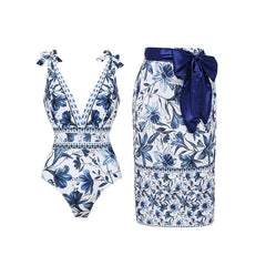 Flaxmaker Summer New Women Sexy Hawaiian Lace Up V Neck Ruffle Swimsuit and Sarong Women Swimwear Set Push Up Bathing Suit