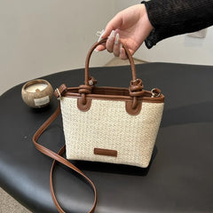 תיק כתף קש קלוע לנשים לחופשת קיץ וחוף הים, בעיצוב פשוט ליום-יום, תיק דלי קטן לנשים, מתאים לנסיעות, תיק קרוסבודי