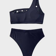 2025 New Hole Swimsuit for Women,solid Color Black Bikini,high Waist Swimwear,single Shoulder Backless Bathing Suit,summer