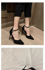 Spring and Autumn High Heel Women 2024 New Versatile Thin Heel Professional L Pointed Black Buckle Strap Single Shoe Women
