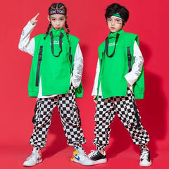 Kid Hip Hop Clothing Sleeveless Jacket Top Streetwear Checkered Tactical Cargo Jogger Pants for Girls Boys Dance Costume Clothes