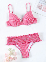 Miyouj Bow Bikinis 2024 Biquin Pleated Swimsuit Women Plaid Print Bikini Set Sexy Swimwear Push Up Beachwear Low Waist Bath Suit