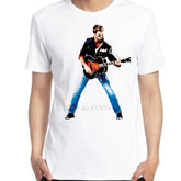 Klassisches Grafik-T-Shirt mit George Michael Gitarrenmuster, Rundhalsausschnitt, Baumwolle, Oversized-Schnitt, Sommer-Herrenbekleidung