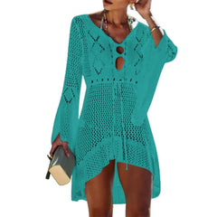 Summer Women Bikini Cover Up Hollow Out Knitted Flared Sleeves Swimwear Cover Up Solid Color Drawstring Beach Dress For Vacation
