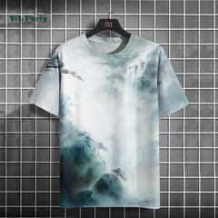 Fashionable men's T-shirt with ink painting print short sleeved T-shirt oversized casual top summer men's daily outdoor clothing
