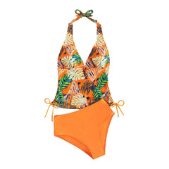 Zweiteiliger Damen-Badeanzug, sexy Triangel-Schnitt, einfarbig, mit Blattmuster