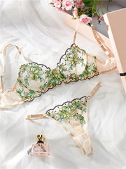 Sexy Lingerie Set Women Lace Embroidery Flowers Fairy Seamless Underwear Transparent Bra Thong See Through Exotic Bra Brief Sets