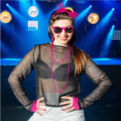 אביזרי תחפושת שנות ה-80 לנשים חצאית טוטו ניאון כפפות רשת דייגים שרשרת חרוזים צמיד עגילים סט תחפושות למסיבה של שנות ה-80 למבוגרים