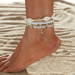 Boho Muschel-Seestern-Fußkettchen-Sets für Damen, Reisperlenkette, elastisches Seil, Strand-Sommer-Fußaccessoires-Armband