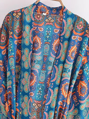 Vintage Chic Women Multi Floral Print Bohemian Kimono Robe Ladies V Neck Batwing Sleeves Boho Maxi Dress Bikini Cover-ups