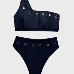 2025 New Hole Swimsuit for Women,solid Color Black Bikini,high Waist Swimwear,single Shoulder Backless Bathing Suit,summer